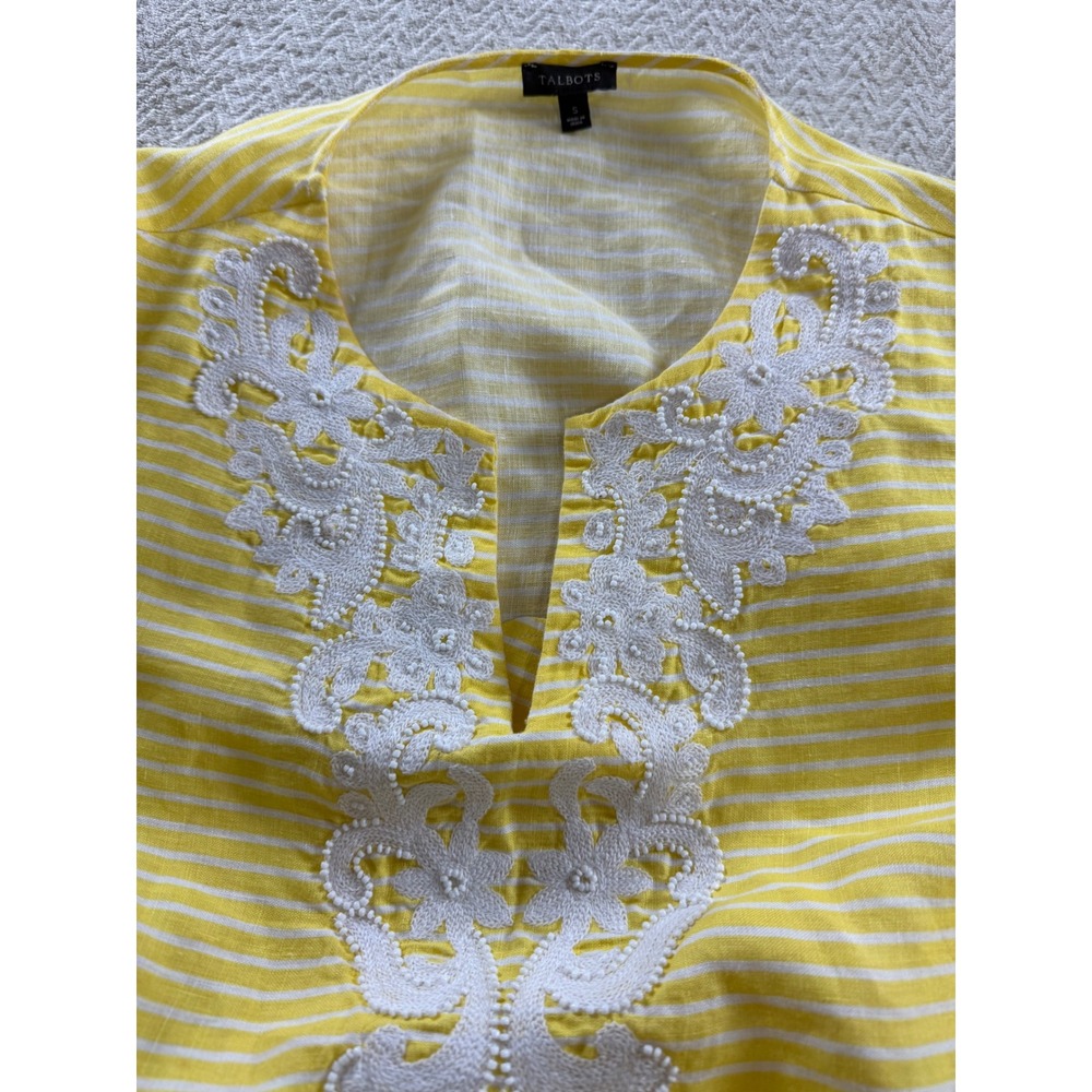 Talbots Womens Yellow White Striped 100% Linen Embroidered V-Neck Tunic Top S - Picture 5 of 16